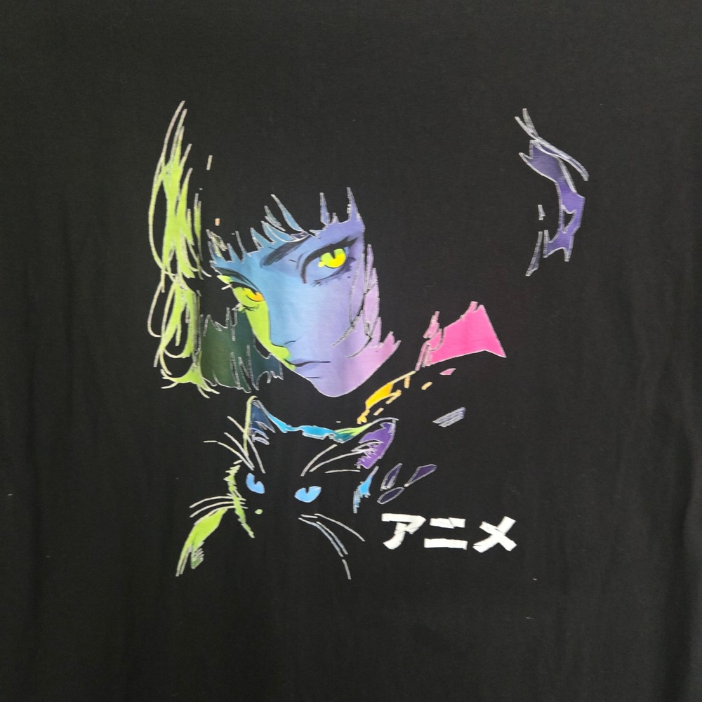 Smart Blanks Anime Girl and Black Cat Graphic T-Shirt Black Mens‎ Large Cotton